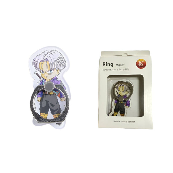 L'image montre une figurine de Trunks du futur, un personnage de la série animée Dragon Ball Z. Il est vêtu d'une combinaison de combat bleue et violette et porte une épée. La figurine est montée sur un socle transparent qui lui permet de tenir debout. L'arrière de la figurine est magnétique, ce qui lui permet d'être fixée à un support magnétique.,44209723080923