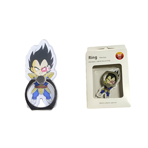 L'image montre une figurine de Vegeta, un personnage de la série Dragon Ball Z. Il est représenté avec ses cheveux noirs et sa combinaison bleue et orange. Il est également représenté avec un anneau métallique qui peut être utilisé pour tenir un téléphone portable. L'anneau est noir et a le logo de Dragon Ball Z.,44209722654939