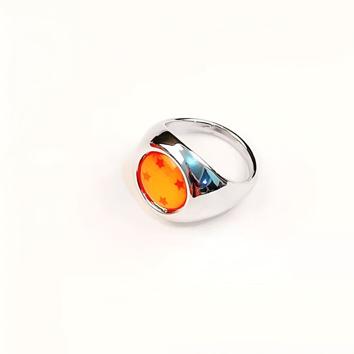 Une bague en métal argenté avec une pierre orange sertie au centre. La pierre est ornée de sept étoiles rouges.,BA-5561383957,BA-7617355432,BA-0283057920,BA-7754421011,BA-4666403701,BA-4371318363,BA-9089187898