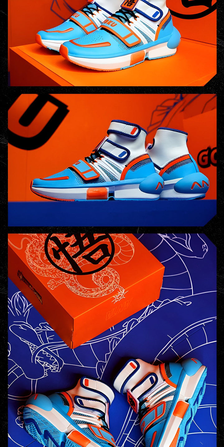 Une paire de chaussures de sport orange et bleue avec le logo Dragon Ball Z. Les chaussures sont dans une boîte orange avec le logo Dragon Ball Z.,BA-8482020382,BA-8363455369,BA-1836838611,BA-7702307811,BA-0177720891,BA-8606838721,BA-8713262688,BA-5416031980