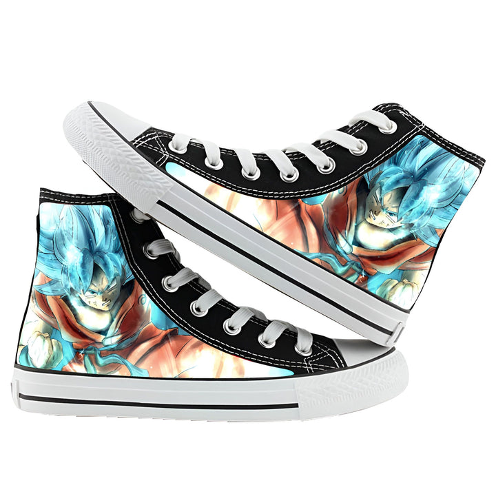 Une paire de chaussures montantes noires avec une image de Son Goku, un personnage de la série animée Dragon Ball Z. Son Goku est représenté en train de se battre, avec ses cheveux bleus hérissés et une aura bleue l'entourant.,BA-6454124843,BA-0253449677,BA-3020644607,BA-7687132351,BA-678316196X,BA-6766902841,BA-0891206329,BA-9079897183