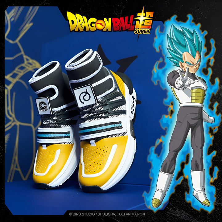 Une paire de chaussures de sport jaune et noire avec le logo Dragon Ball Super. À côté se trouve le personnage de Vegeta, un personnage de la série Dragon Ball Super.,BA-5575007758,BA-8604414339,BA-1054242380,BA-1742935990,BA-8439969279,BA-9827691295,BA-2415690414,BA-1541514688