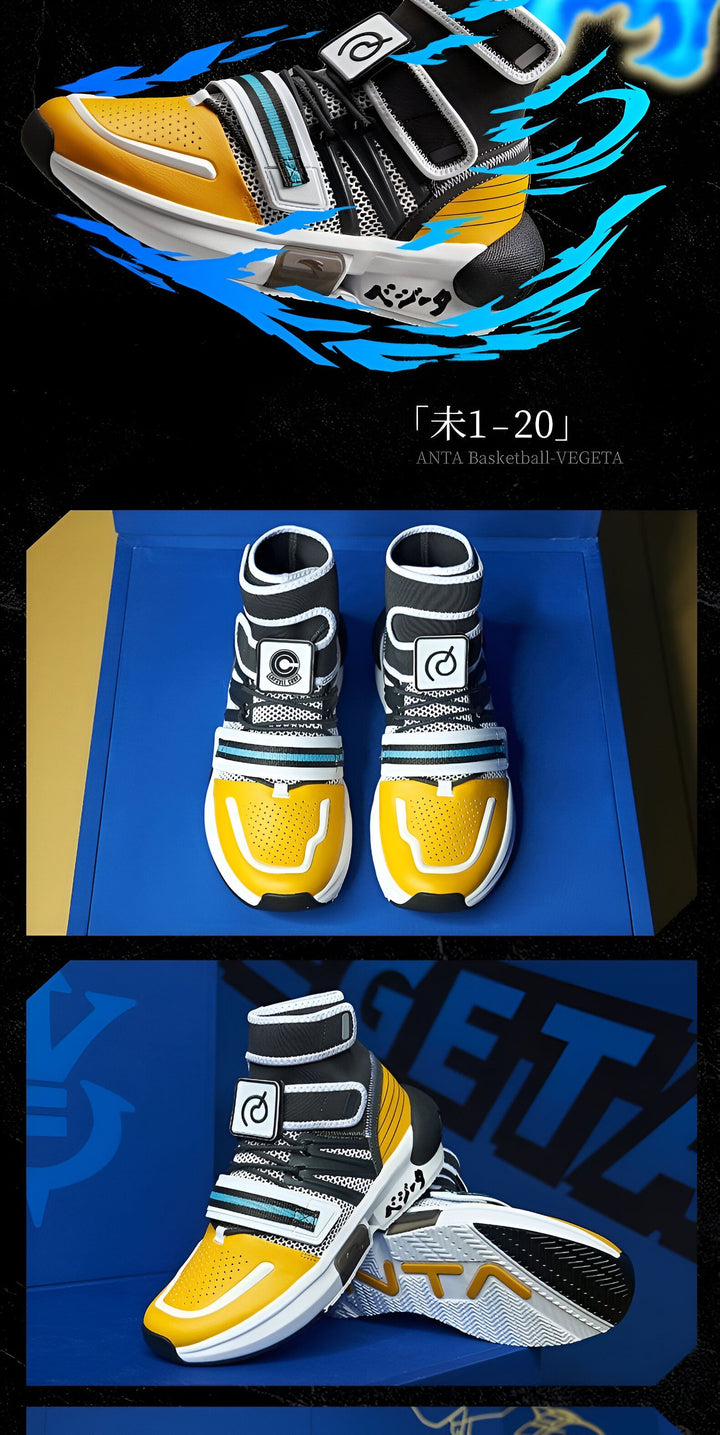 Une paire de chaussures de basketball jaunes et noires avec des lacets bleus. La chaussure est dotée d'une semelle blanche et d'un logo "C" sur le côté. Le nom du modèle est "ANTA Basketball - Vegeta".,BA-5575007758,BA-8604414339,BA-1054242380,BA-1742935990,BA-8439969279,BA-9827691295,BA-2415690414,BA-1541514688