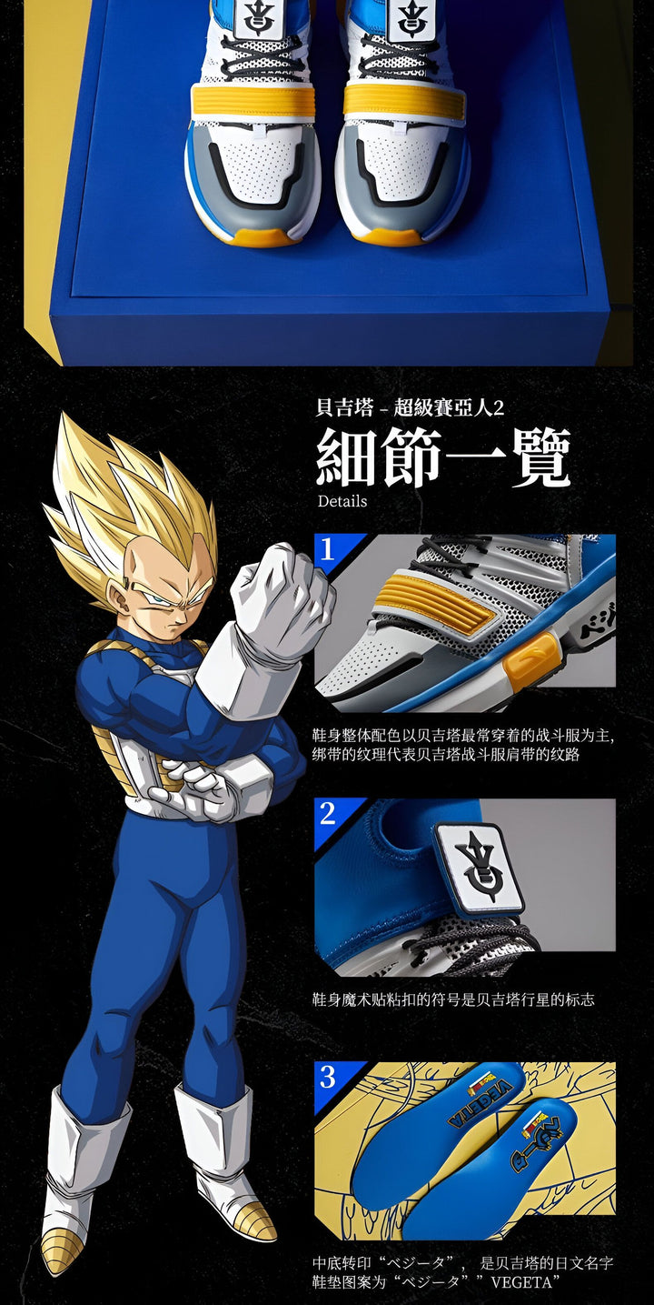 L'image montre une paire de chaussures de sport bleues et jaunes. Les chaussures sont inspirées du personnage de Vegeta, de la série Dragon Ball Z. Les chaussures ont une semelle épaisse et crantée, ainsi qu'une tige en mesh respirant. Les chaussures sont également dotées d'un système de laçage rapide et d'un renfort au niveau du talon.,BA-7896690764,BA-2827972247,BA-5610609011,BA-8190825402,BA-6092367912,BA-5597198513,BA-5100932260,BA-3783500184