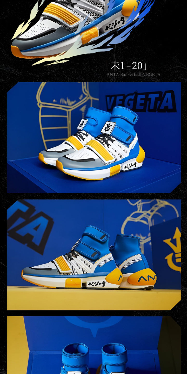 Une paire de chaussures de basketball bleues et jaunes. La chaussure est dotée d'une tige en mesh respirant et d'une semelle extérieure en caoutchouc antidérapant. Le design de la chaussure est inspiré du personnage de Vegeta de la série animée Dragon Ball Z.,BA-7896690764,BA-2827972247,BA-5610609011,BA-8190825402,BA-6092367912,BA-5597198513,BA-5100932260,BA-3783500184