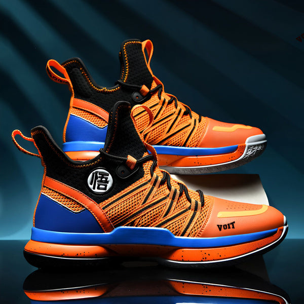 Une paire de chaussures de basketball orange et bleue avec le logo "Kanji" sur la languette et le logo "Voit" sur la semelle.,BA-7531682362,BA-6323936712,BA-8003006589,BA-8323185573