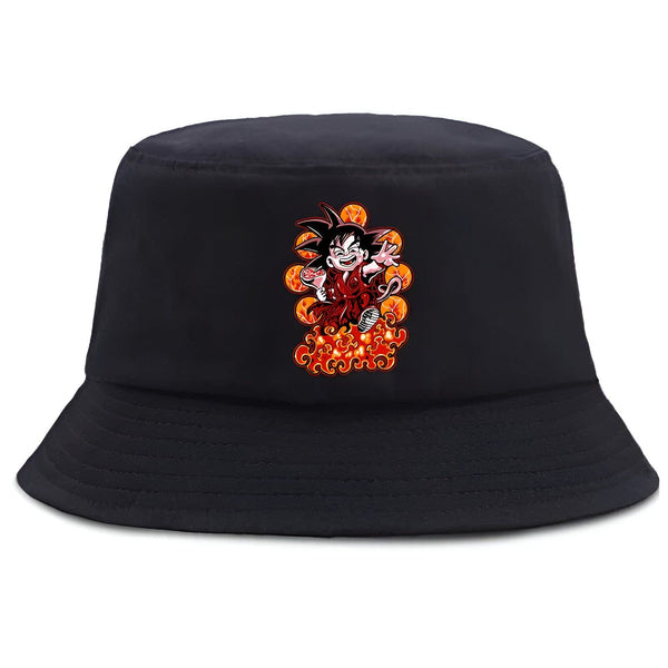 Un chapeau noir avec un personnage de dessin animé japonais, Goku, portant un kimono rouge et tenant une boule de cristal.,BO-8569140096