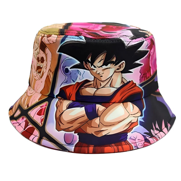 Un chapeau seau rose et noir avec un motif de Goku, un personnage de la série animée Dragon Ball Z.,BO-5670011368