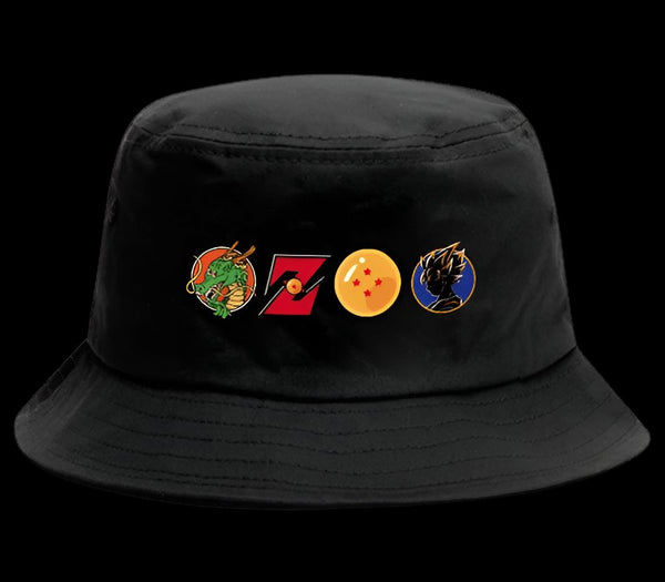 Un chapeau noir avec trois écussons brodés dessus. Les écussons représentent des personnages de la série télévisée Dragon Ball Z.,BO-2976609799