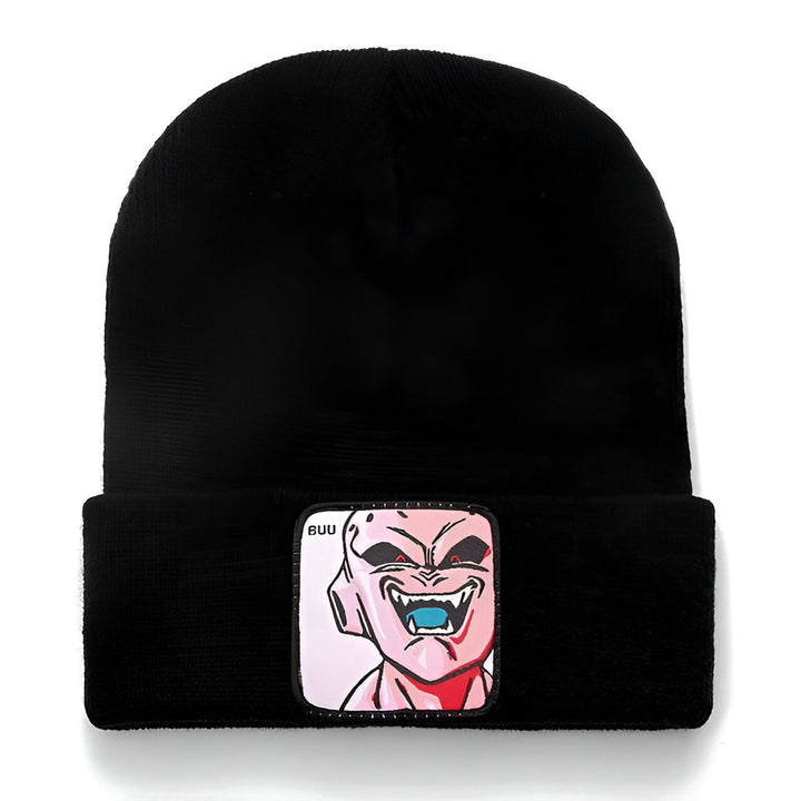 Un bonnet noir avec un écusson brodé à l'effigie de Buu, un personnage de Dragon Ball Z.,BO-7760191154,BO-9619307933,BO-3701480001,BO-9098848354