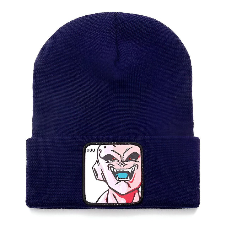 Un bonnet bleu avec un écusson brodé à l'effigie de Majin Buu, un personnage de Dragon Ball Z.,BO-7760191154,BO-9619307933,BO-3701480001,BO-9098848354