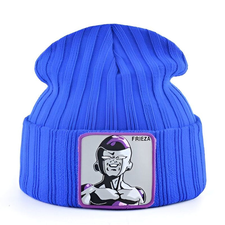 Voici un bonnet bleu avec un écusson à l'effigie de Freezer, un personnage de Dragon Ball Z.,BO-4113919577,BO-0012626244,BO-9004156240,BO-1614205256,BO-8475098703,BO-9863860948,BO-054066796X,BO-4002261360,BO-2073576338,BO-3119149047