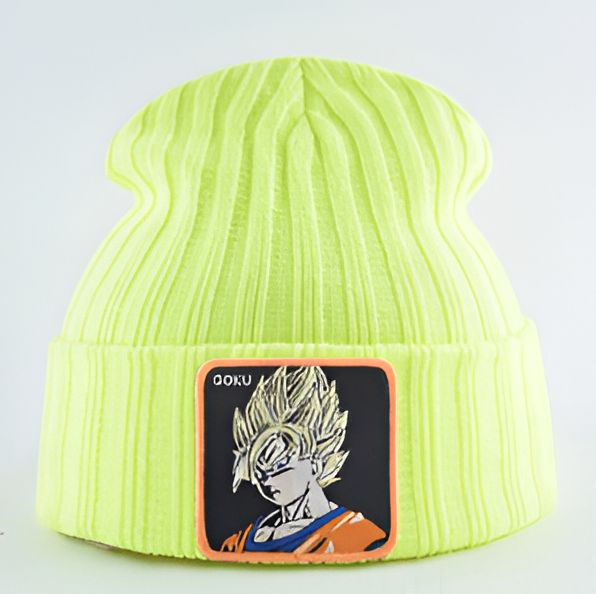Un bonnet jaune avec un écusson brodé à l'effigie de Son Goku, un personnage de la série animée Dragon Ball Z.,BO-7216055322,BO-6600350660,BO-0993247598,BO-6419013674,BO-1291426442,BO-9892538382,BO-4812283094,BO-444989491X,BO-3408557411,BO-3311035674,BO-0118465007