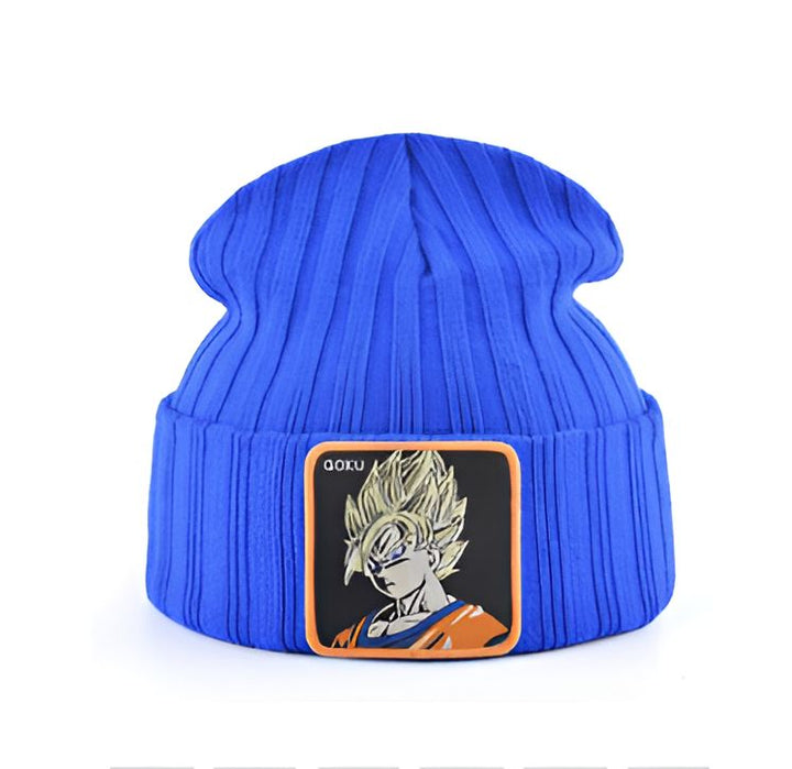 Un bonnet bleu avec un écusson brodé à l'effigie de Son Goku, un personnage de la série animée Dragon Ball Z.,BO-7216055322,BO-6600350660,BO-0993247598,BO-6419013674,BO-1291426442,BO-9892538382,BO-4812283094,BO-444989491X,BO-3408557411,BO-3311035674,BO-0118465007