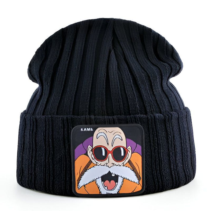 Un bonnet noir avec un écusson brodé représentant le personnage de Kame Sennin, un vieil homme avec des lunettes de soleil et une longue barbe blanche, de la série animée Dragon Ball Z.,BO-8106667618,BO-1668712598,BO-3775950338,BO-473352143X,BO-2420864549,BO-125457882X,BO-618632334X,BO-2936972795,BO-7938924296,BO-7517927345,BO-0907367313