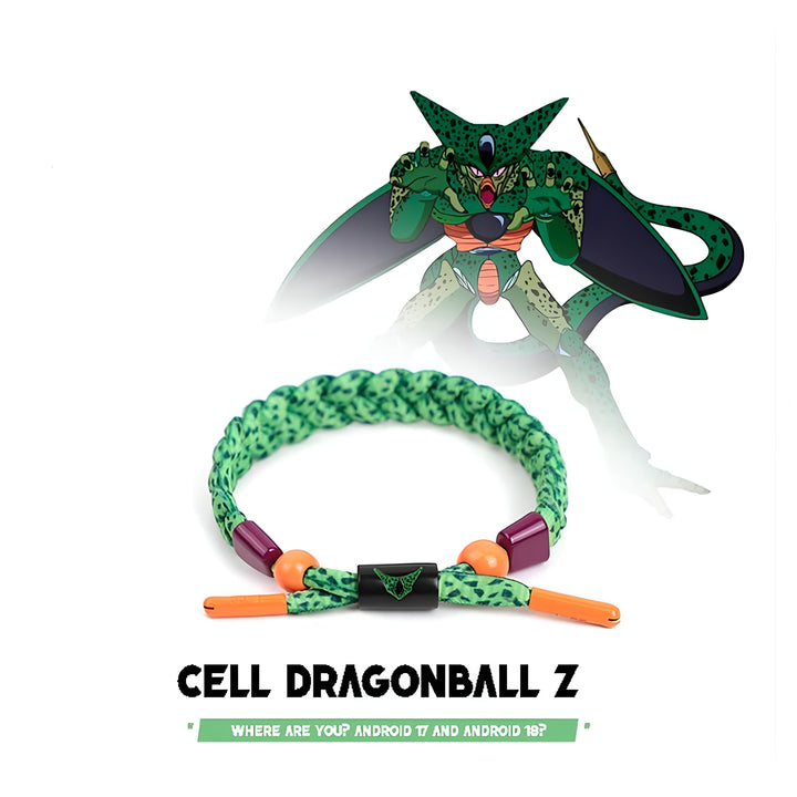 L'image montre un bracelet vert et orange avec un pendentif en forme de Cell, un personnage de Dragon Ball Z. Le bracelet est sur un fond blanc.,BR-1126392154