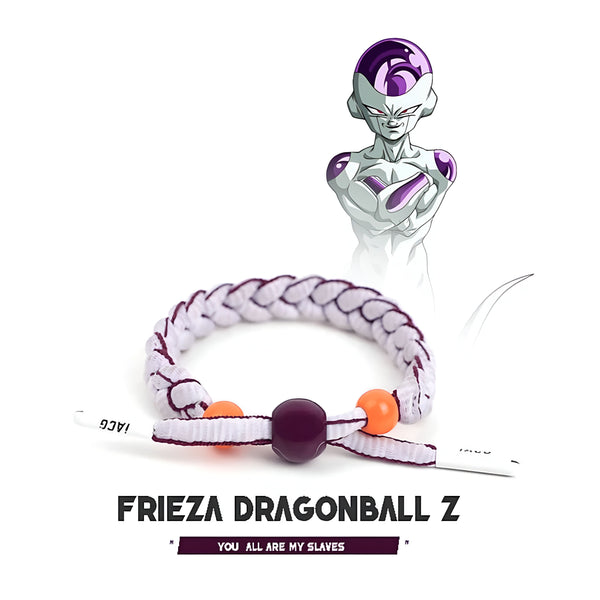 L'image représente un bracelet en tissu blanc et violet avec une perle violette et deux perles orange. Le bracelet est orné d'une image de Freezer, un personnage de la série Dragon Ball Z.,BR-4602789838