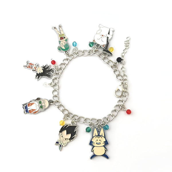 Un bracelet avec des breloques de personnages de Dragon Ball Z. Les personnages représentés sont Goku, Vegeta, Gohan, Piccolo, Krilin, Trunks et Bulma.,BR-6636297123