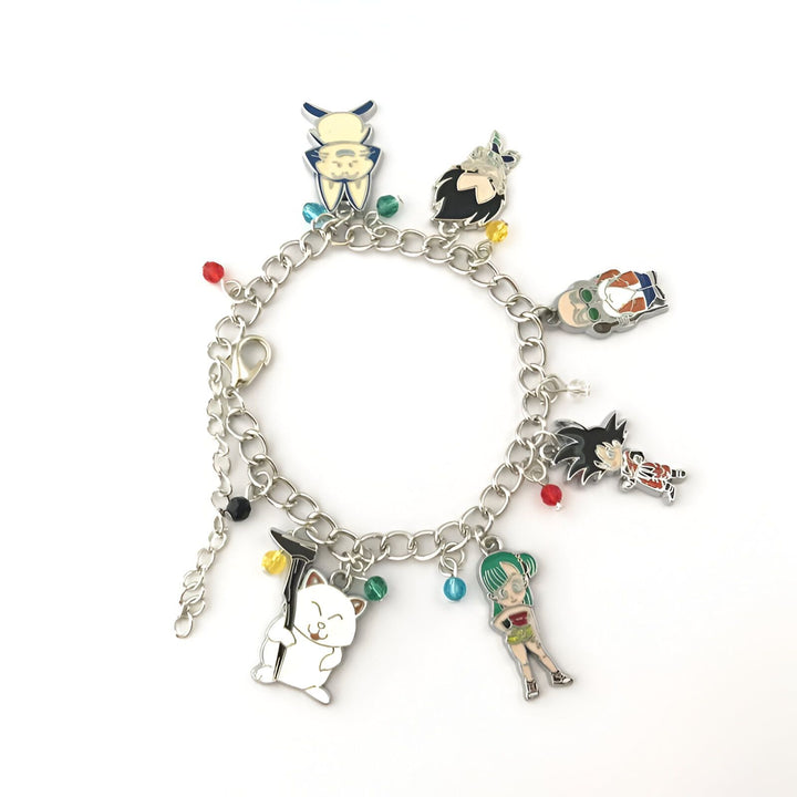 Un bracelet avec des breloques de personnages de Dragon Ball Z. Les personnages représentés sont Goku, Vegeta, Piccolo, Gohan, Trunks, Krilin et Bulma.,BR-6636297123