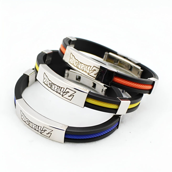 Trois bracelets Dragon Ball Z en silicone et acier inoxydable.,BR-4324648573,BR-7258262997,BR-0099893509