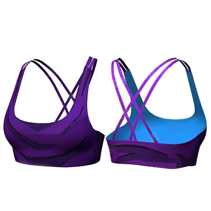 Une image d'un soutien-gorge de sport violet avec des bretelles croisées dans le dos. Le soutien-gorge est orné d'un motif de vagues.,BR-5631268043,BR-6455039513,BR-1470557274,BR-1534724753,BR-6276448648,BR-1920482164,BR-7548245521