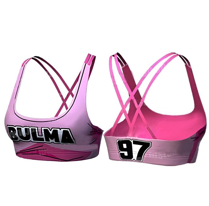 Soutien-gorge de sport rose avec le texte "Bulma 97" écrit dessus.,BR-5222062384,BR-6391107955,BR-0242255000,BR-7400129252,BR-8849771894,BR-9233182134,BR-2286079390