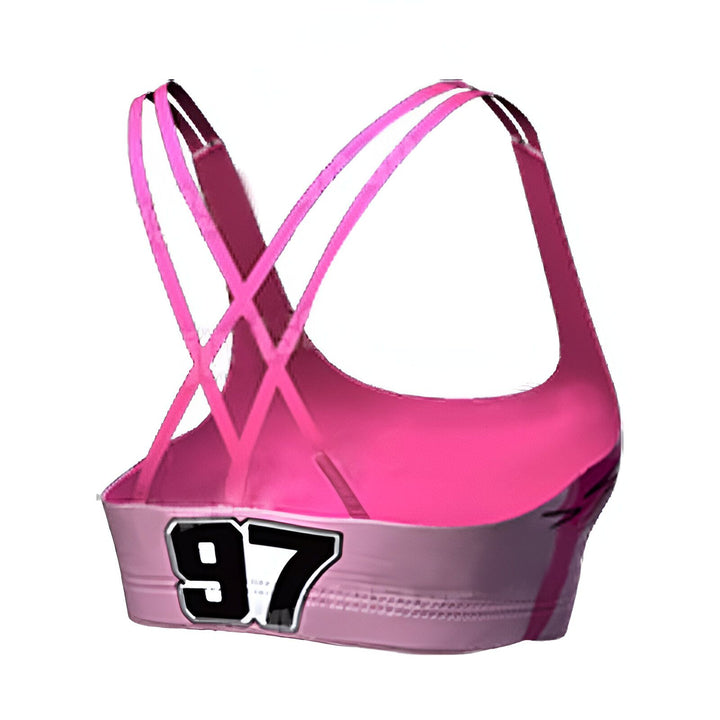 Une image d'un soutien-gorge de sport rose avec le numéro 97 écrit dessus.,BR-5222062384,BR-6391107955,BR-0242255000,BR-7400129252,BR-8849771894,BR-9233182134,BR-2286079390