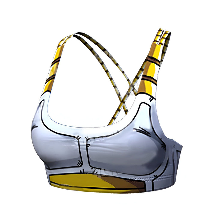 Une image d'un soutien-gorge de sport blanc et jaune. Le soutien-gorge est orné d'un motif inspiré du personnage Vegeta de la série Dragon Ball Z.,BR-032319186X,BR-8224665097,BR-8272291444,BR-8245170550,BR-1118648722,BR-0159641446,BR-7012490926