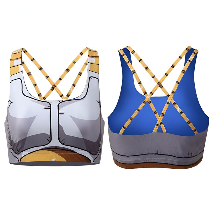 Une image d'un soutien-gorge de sport Dragon Ball Z. Le soutien-gorge est gris et jaune avec des bretelles bleues. Il est inspiré de la tenue de Vegeta, un personnage de la série.,BR-032319186X,BR-8224665097,BR-8272291444,BR-8245170550,BR-1118648722,BR-0159641446,BR-7012490926