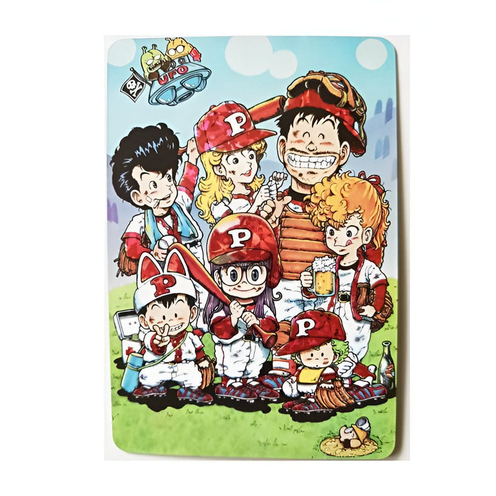 L'image représente les personnages du manga "Dr. Slump" jouant au baseball. On peut voir Arale, Senbei, Midori, Taro, Peasuke, Gatchan et Obotchaman.,CA-3973416400