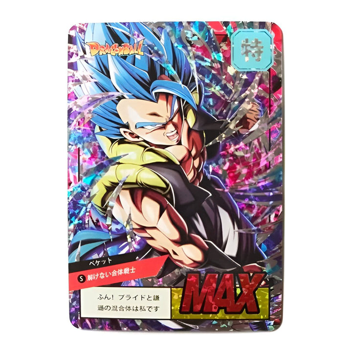 Une carte à collectionner brillante de Gogeta, un personnage de Dragon Ball Z. Il est vêtu d'un gilet noir et d'un pantalon bleu avec une ceinture orange. Il a les cheveux bleus et les yeux bleus. Il est en position de combat, prêt à se battre.,CA-9727292038,CA-7234244743