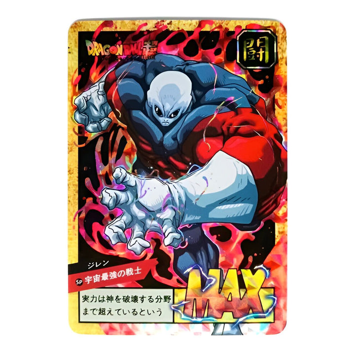 Une carte à collectionner de Jiren, un personnage de Dragon Ball Super. Il est représenté en train de se battre, avec une aura rouge et bleue. La carte est entourée d'une bordure dorée.,CA-4305802546