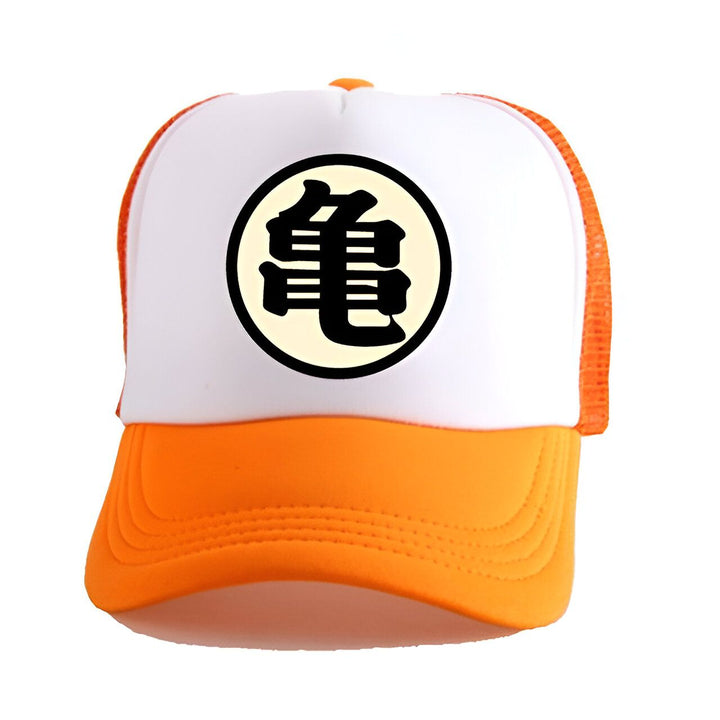 Une casquette de baseball orange et blanche avec le logo de Tortue Géniale de Dragon Ball Z.,CA-3784042384,CA-3272820140,CA-0567089959,CA-1903217040