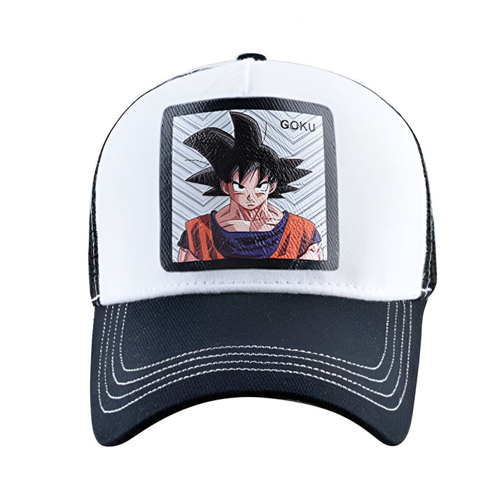 Une casquette de baseball noire et blanche avec une image de Son Goku, un personnage de la série animée Dragon Ball Z.,CA-2207357899,CA-8884814251,CA-7212216933,CA-0823207196,CA-9663691697,CA-8628877878