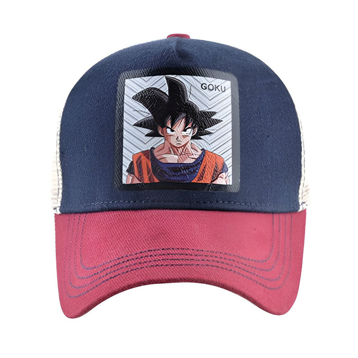 Une casquette de baseball bleue avec une visière rouge et un écusson brodé à l'effigie de Son Goku, un personnage de la série animée japonaise Dragon Ball Z.,CA-2207357899,CA-8884814251,CA-7212216933,CA-0823207196,CA-9663691697,CA-8628877878