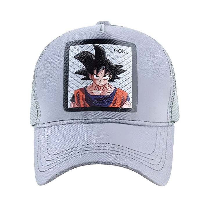 Une casquette de baseball grise avec un écusson brodé à l'effigie de Son Goku, un personnage de la série animée japonaise Dragon Ball Z.,CA-2207357899,CA-8884814251,CA-7212216933,CA-0823207196,CA-9663691697,CA-8628877878