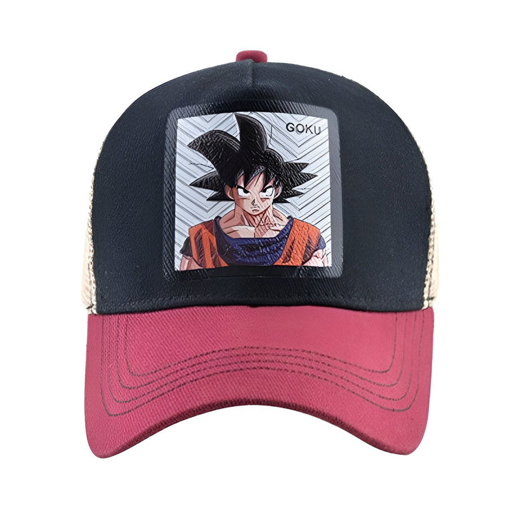 Une casquette de baseball noire et rouge avec une image de Son Goku, un personnage de la série animée Dragon Ball Z.,CA-2207357899,CA-8884814251,CA-7212216933,CA-0823207196,CA-9663691697,CA-8628877878