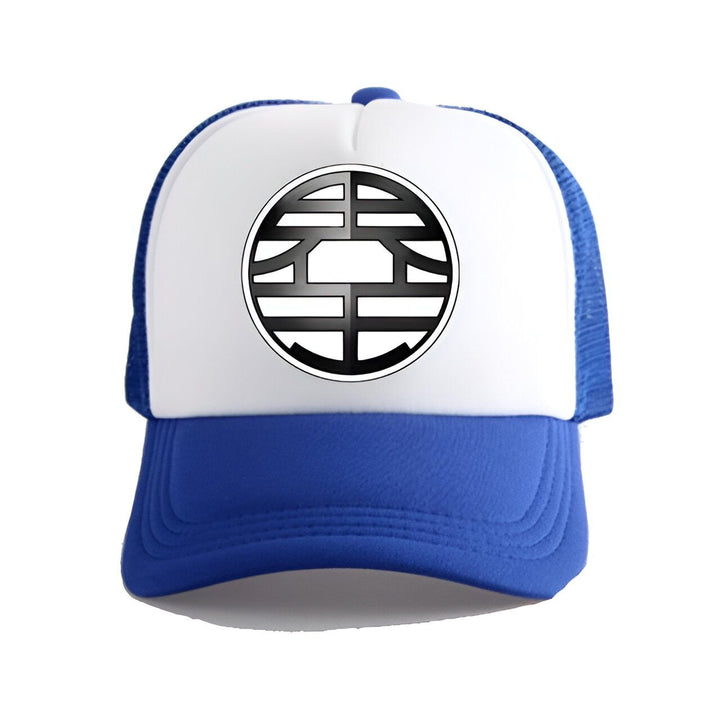 Une casquette de baseball bleue avec un logo noir et blanc du symbole de la planète Namek de la série Dragon Ball Z.,CA-2224176082,CA-3168404489,CA-8730330610