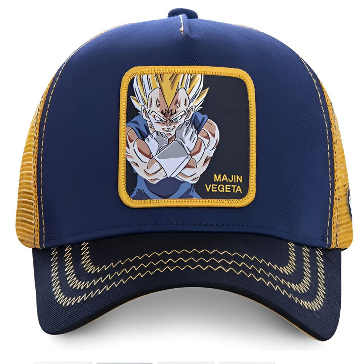 Une casquette de baseball bleue avec une visière jaune et un écusson brodé à l'effigie de Vegeta, un personnage de la série animée Dragon Ball Z.,CA-7143782130