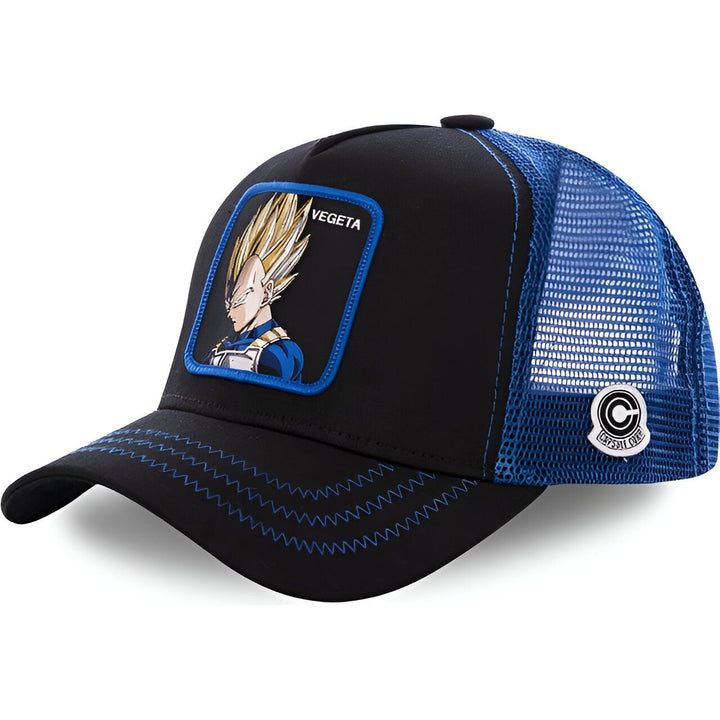 Une casquette noire avec un écusson brodé à l'effigie de Vegeta, un personnage de la série animée Dragon Ball Z. La visière est bleue et le tour de tête est réglable.,CA-0220491119