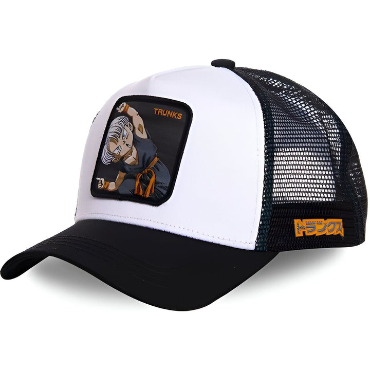 Une casquette de baseball blanche et noire avec une visière incurvée. Le devant de la casquette comporte un écusson brodé avec le personnage de Trunks du dessin animé Dragon Ball Z.,CA-9222282205