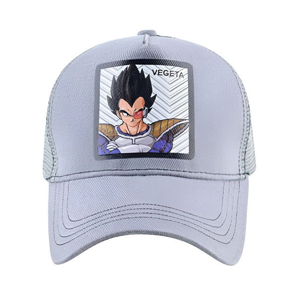 Une casquette de baseball grise avec un écusson brodé à l'effigie de Vegeta, un personnage de la série animée Dragon Ball Z.,CA-8866258768,CA-2369061987,CA-3212077042,CA-402224836X,CA-9015371563,CA-9168980523