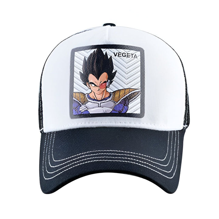 Une casquette de baseball noire et blanche avec le personnage de Vegeta de Dragon Ball Z brodé sur le devant.,CA-8866258768,CA-2369061987,CA-3212077042,CA-402224836X,CA-9015371563,CA-9168980523