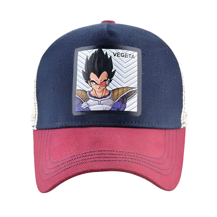 Une casquette de baseball rouge et bleu avec un patch brodé de Vegeta, un personnage de la série animée Dragon Ball Z.,CA-8866258768,CA-2369061987,CA-3212077042,CA-402224836X,CA-9015371563,CA-9168980523