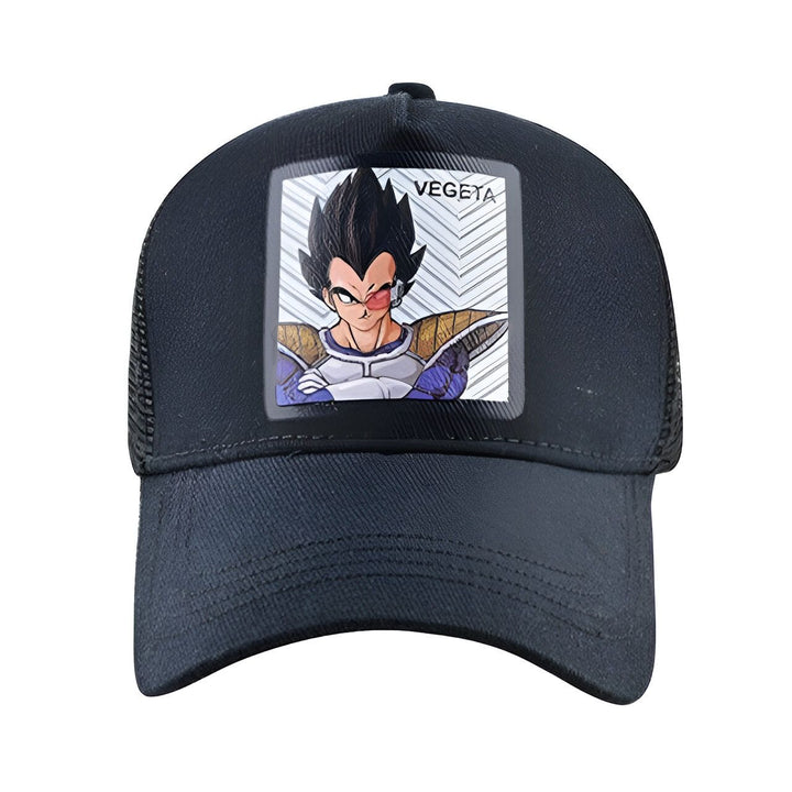 Une casquette de baseball noire avec un écusson brodé à l'effigie de Vegeta, un personnage de la série animée Dragon Ball Z.,CA-8866258768,CA-2369061987,CA-3212077042,CA-402224836X,CA-9015371563,CA-9168980523