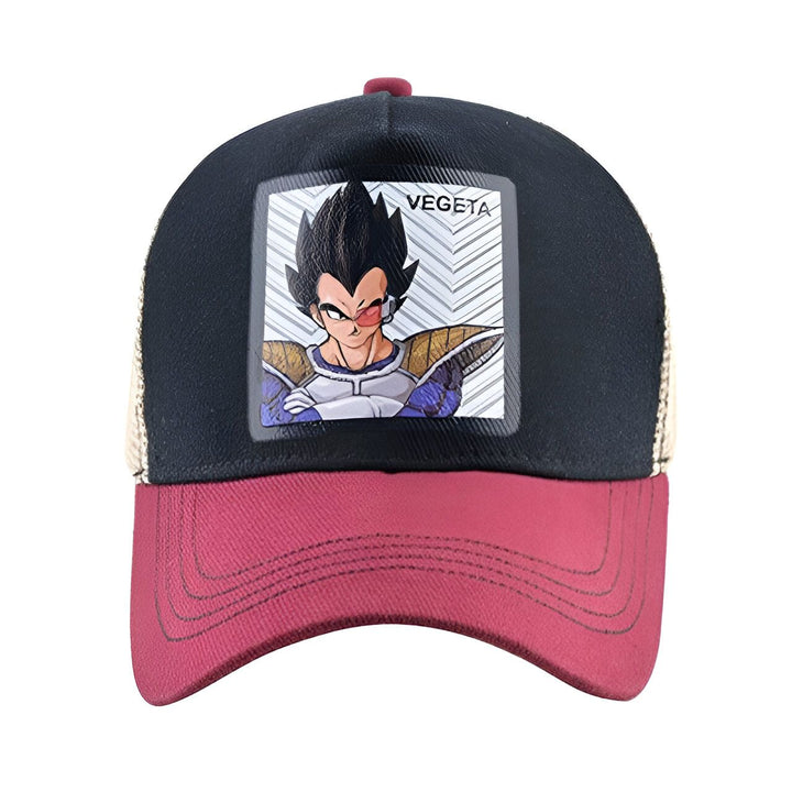 Une casquette de baseball noire et rouge avec une image de Vegeta, un personnage de la série animée Dragon Ball Z.,CA-8866258768,CA-2369061987,CA-3212077042,CA-402224836X,CA-9015371563,CA-9168980523