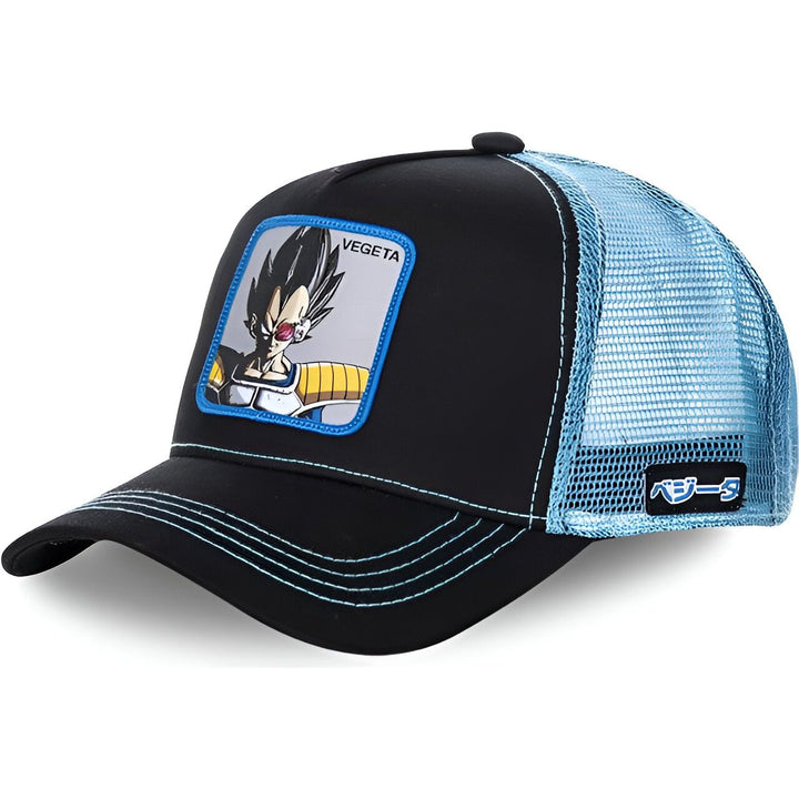 Une casquette noire avec une visière bleue et un écusson brodé à l'effigie de Vegeta, un personnage de la série animée Dragon Ball Z.,CA-8603803102