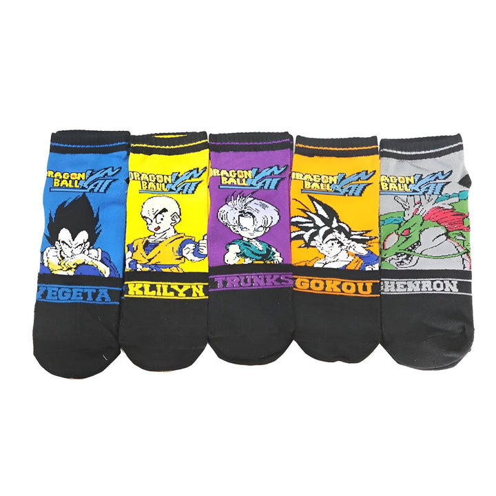 L'image représente une paire de chaussettes noires avec des motifs de personnages de dessins animés japonais. Les personnages sont Vegeta, Krilin, Trunks, Goku et Gohan.,CH-5118223377