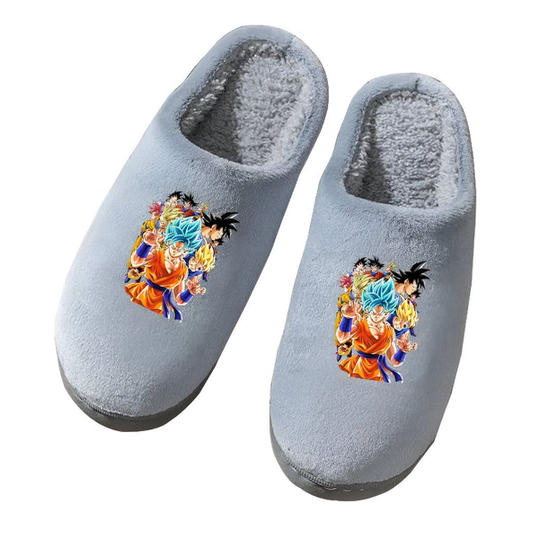 Une paire de pantoufles grises avec une image de Son Goku, le personnage principal de la série animée Dragon Ball Z.,CH-6883421815,CH-837815503X,CH-172578419X,CH-067290599X,CH-3665537258
