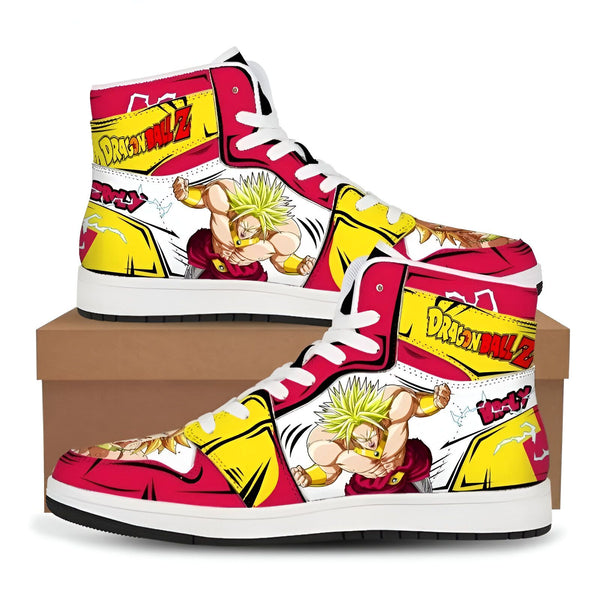 Une paire de chaussures de sport rouge et jaune avec un personnage de dessin animé japonais, Broly, dessus.,CH-796653894X,CH-3448659916,CH-5759626884,CH-4537350946,CH-9036264073,CH-6232906446,CH-5129830997,CH-5812984794,CH-3015079425,CH-5581081778,CH-7909030134,CH-0174569165,CH-1724192965